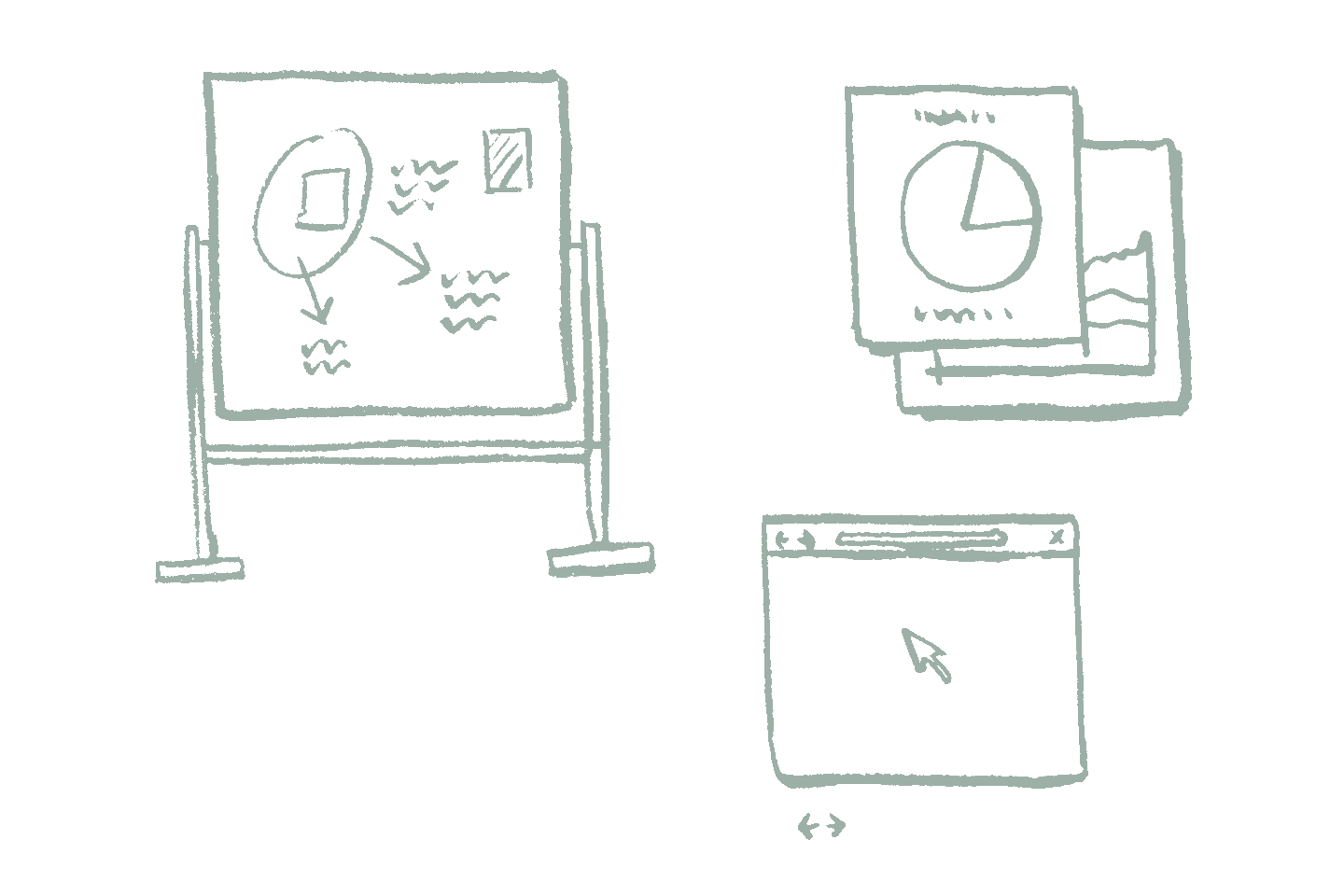 Drawing of whiteboard, web browser, and app windows